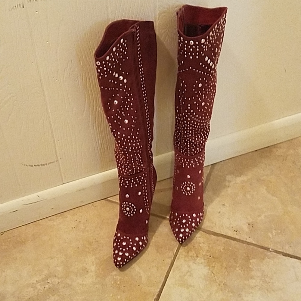 Reita Silver Studded Wine-colored Heeled Boots